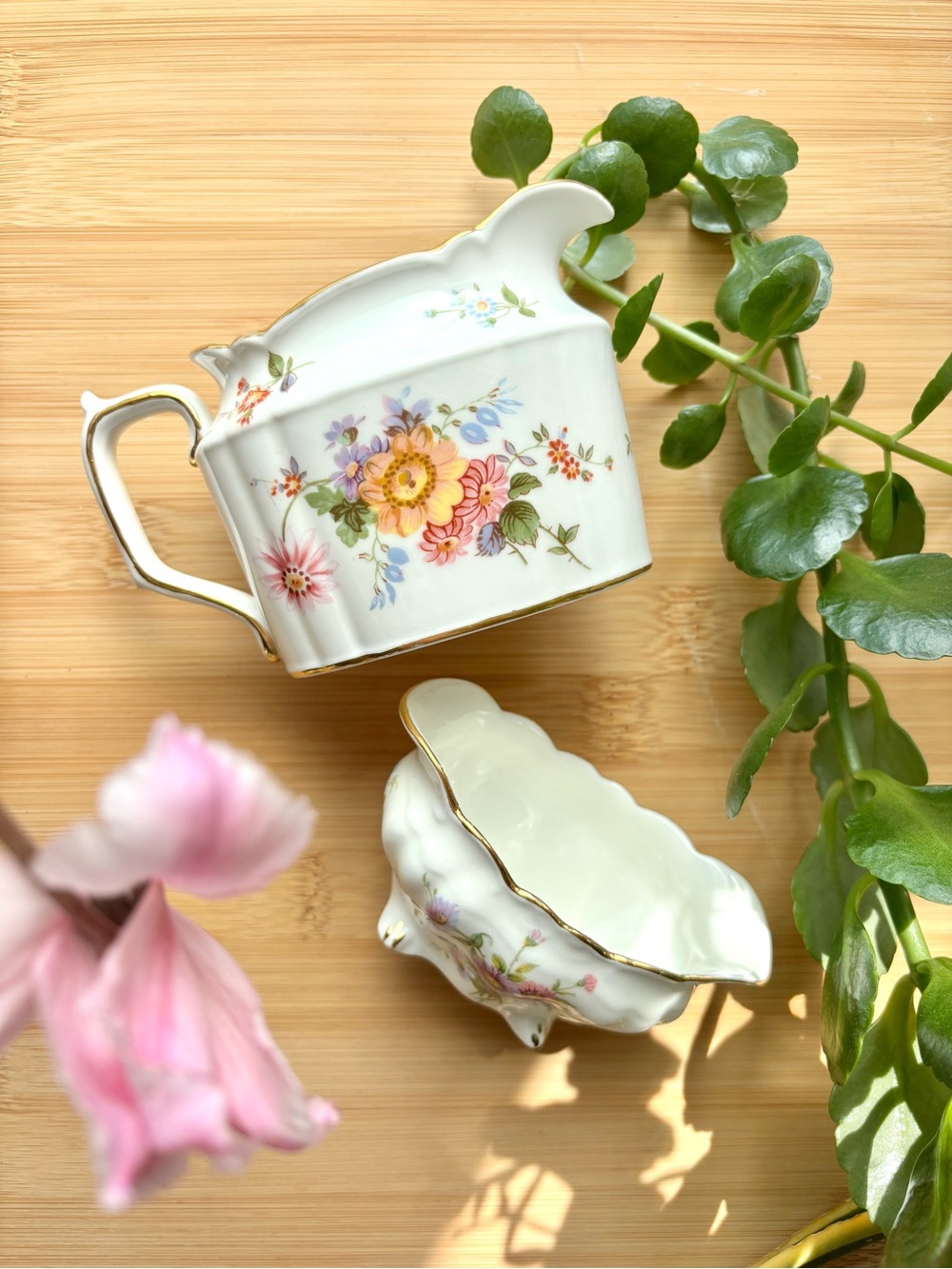 Royal Crown Derby White Floral Gilded Creamer and Hammersley Sugar Bowl